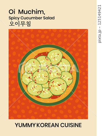 Korean food vector poster illustration. Spicy cucumber kimchi salad dish with Korean typography on bright red background. Traditional asian cuisine wall art template for interior decor, restaurant 125149421