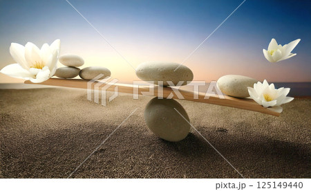 石のバランスに乗った石と白い花,generative ai_ワイド 石のバランスに乗った石と白い花,generative ai_ワイド 125149440