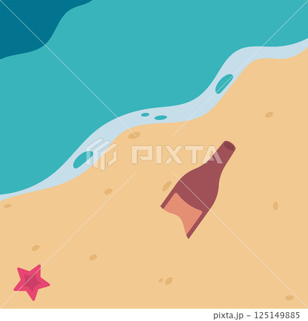 Bottle buried in sand beach flat illustration. cartoon summer illustration calm beach for poster, banner, web Bottle buried in sand beach flat illustration. cartoon summer illustration calm beach for poster, banner, web 125149885