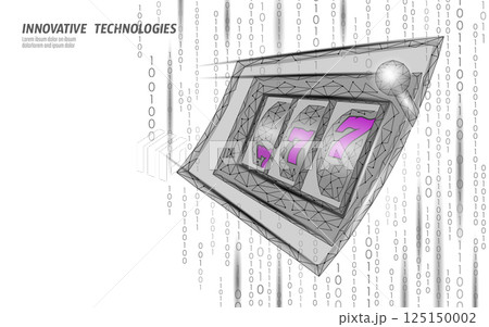 Slot machine with sevens in digital style. Wires create polygon point lines style. Gambling industry and technology concept, casino risk. White background, low poly art, isometric perspective Slot machine with sevens in digital style. Wires create polygon point lines style. Gambling industry and technology concept, casino risk. White background, low poly art, isometric perspective 125150002
