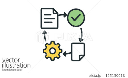 Process diagram icon shows workflow. Document, gear, checkmark represented. Automation, development, and project management vector illustration white background. 125150018