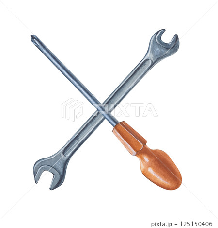 The wrench and screwdriver are drawn crosswise by hand. Watercolor illustration. Working tools for home renovation. The wrench and screwdriver are drawn crosswise by hand. Watercolor illustration. Working tools for home renovation. 125150406