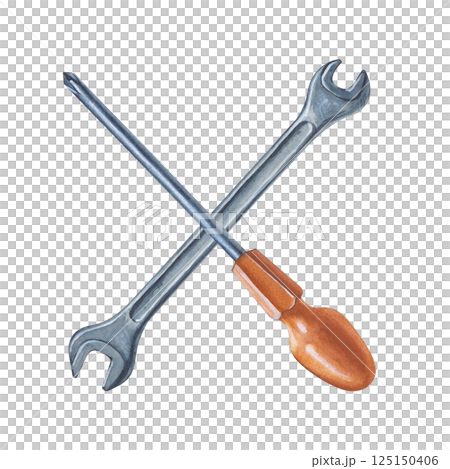 The wrench and screwdriver are drawn crosswise by hand. Watercolor illustration. Working tools for home renovation. The wrench and screwdriver are drawn crosswise by hand. Watercolor illustration. Working tools for home renovation. 125150406