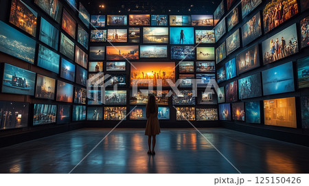 デジタルアートが並ぶ未来的なギャラリー デジタルアートが並ぶ未来的なギャラリー 125150426