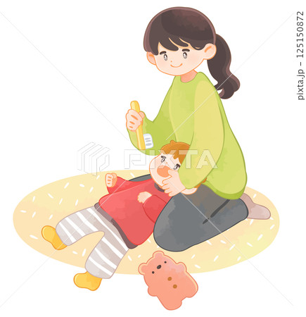 子どもに仕上げ磨きをする母親　歯磨き 125150872