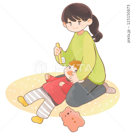 子どもに仕上げ磨きをする母親　歯磨き 125150873