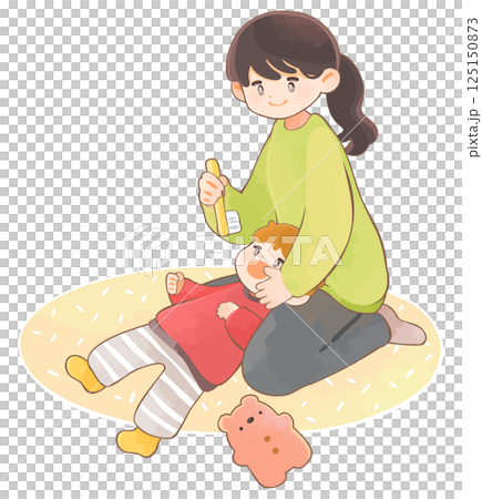 子どもに仕上げ磨きをする母親　歯磨き 125150873