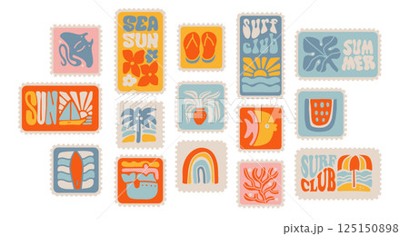 Set of vintage summer travel postage stamp. Retro style beach vacation postage sticker collection, summertime season mail postmark, tourism postal label with hand drawn lettering. Vector Set of vintage summer travel postage stamp. Retro style beach vacation postage sticker collection, summertime season mail postmark, tourism postal label with hand drawn lettering. Vector 125150898