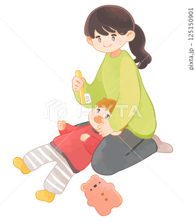 子どもに仕上げ磨きをする母親 歯磨き 子どもに仕上げ磨きをする母親 歯磨き 125150901