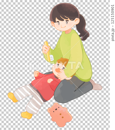 子どもに仕上げ磨きをする母親 歯磨き 子どもに仕上げ磨きをする母親 歯磨き 125150901