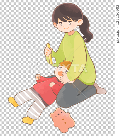 子どもに仕上げ磨きをする母親　歯磨き 125150902