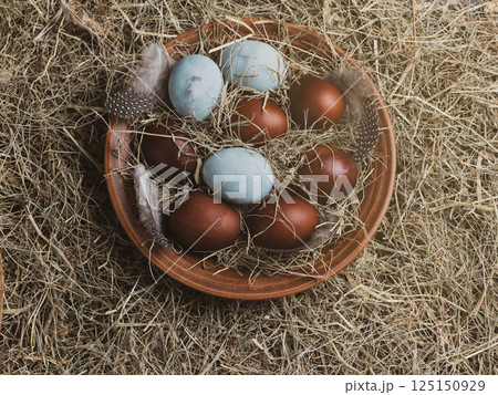 Easter painted eggs on clay plate among hay background, close-up, copy space. 125150929