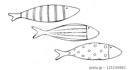 Large elongated fish of simple shape with rustic patterns. Graphic line art hand drawn on the theme of sea and fishing in black and white ink. Set of elements isolated from the background EPS vector Large elongated fish of simple shape with rustic patterns. Graphic line art hand drawn on the theme of sea and fishing in black and white ink. Set of elements isolated from the background EPS vector 125150981