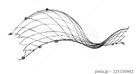 Fishing net with floats, curved by a wave. Graphic line art hand drawn on the theme of sea and fishing in black and white ink. Separate element isolated from the background EPS vector 125150982