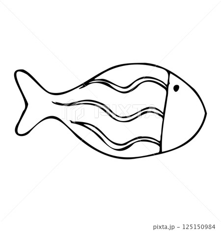 Small round fishes of simple shape with rustic patterns. Graphic line art hand drawn on the theme of sea and fishing in black and white ink. Separate element isolated from the background EPS vector 125150984