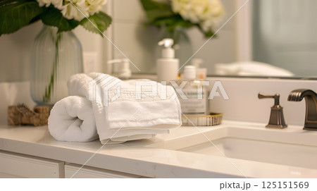 Serene Bathroom Sanctuary with Perfectly Arranged Towels and Toiletries for a Rejuvenating Self-Care Routine Serene Bathroom Sanctuary with Perfectly Arranged Towels and Toiletries for a Rejuvenating Self-Care Routine 125151569