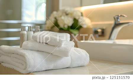 Freshly Laundered Towels and Perfectly Arranged Toiletries in a Serene and Inviting Bathroom Setting 125151570