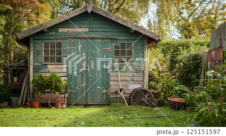 Rustic Garden Shed Undergoing with Autumn Foliage Backdrop 125151597
