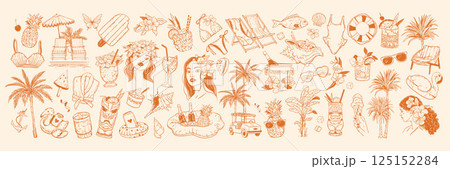 Tropical summer Hawaii doodle set, vector exotic hand drawn travel illustration, paradise island kit 125152284