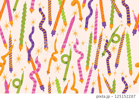 Happy birthday candle seamless pattern, vector hand drawn funny colorful celebration texture.  125152287