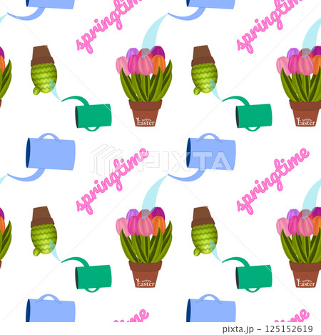 Seamless Springtime Pattern with Flowers and Watering Cans Seamless Springtime Pattern with Flowers and Watering Cans 125152619