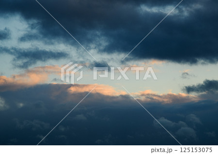 Blue sky during the day. The weather is bad. Fluffy clouds. Light breaks through the clouds. Universal horizontal photo. The background picture. Blue sky during the day. The weather is bad. Fluffy clouds. Light breaks through the clouds. Universal horizontal photo. The background picture. 125153075