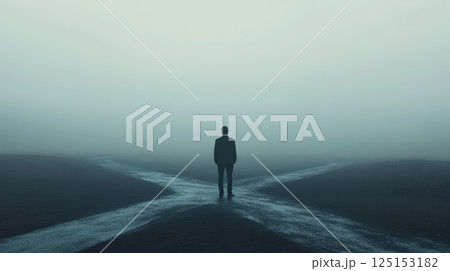 Man Standing at a Fork in the Road in a Foggy Landscape 125153182