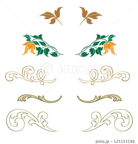 Vintage floral calligraphic floral vignette scroll corners ornamental design elements set isolated illustration 125153198