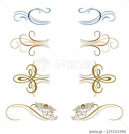 Vintage floral calligraphic floral vignette scroll corners ornamental design elements set isolated illustration 125153390
