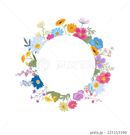 Vector wreath with colorful wildflowers. Elegant floral garland with forget-me-nots, chamomile, daisies. Vector wreath with colorful wildflowers. Elegant floral garland with forget-me-nots, chamomile, daisies. 125153399