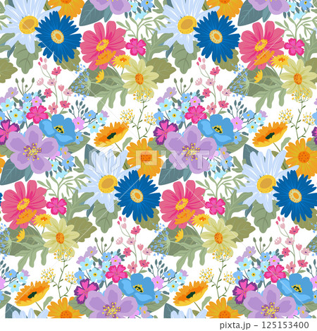 Vector seamless pattern with blooming meadow. Bright endless background with colorful wildflowers forget-me-nots, chamomile, daisies. 125153400