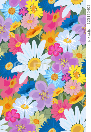 Vector seamless pattern with blooming meadow. Bright endless background with colorful wildflowers forget-me-nots, chamomile, daisies. 125153403
