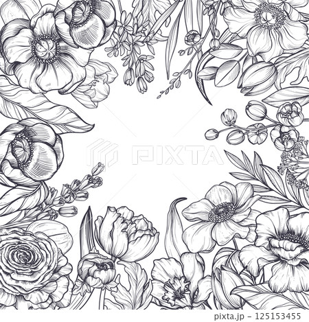 Vector composition of spring flowers, leaves and branches. Different flowers, tulips, anemones and other plants in beautiful floral frame. 125153455