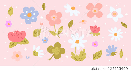 floral set with cute cartoon flowers and leaves on a soft pink background perfect for spring and summer designs 125153499