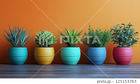 Vibrant Collection of Houseplants in Colorful Pots Against a Warm Orange Background 125153763