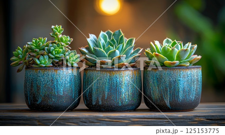 Serene Arrangement of Soft and Light Succulents in Vibrant Pots for Peaceful Decor 125153775