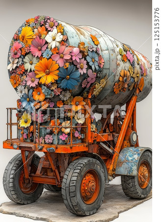 Colorful Concrete Mixer Adorned with Bright Flowers for Artistic Appeal Colorful Concrete Mixer Adorned with Bright Flowers for Artistic Appeal 125153776