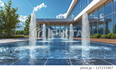 Modern city plaza featuring sleek fountains and tranquil water reflections 125153867