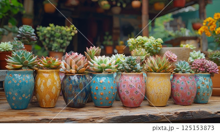 Colorful Glazed Succulent Pots Displayed in Vibrant Garden Setting 125153873