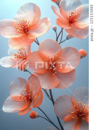 Delicate Tiny Flowers with Curved Petals on a Soft Blue Background 125153895