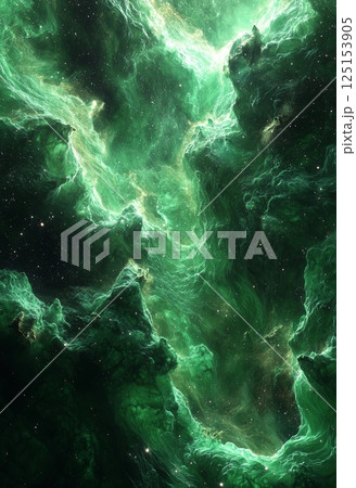 Majestic Outer Space Scene with Vibrant Green Colors and Ethereal Atmosphere 125153905
