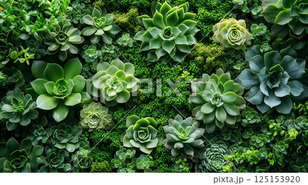 Lush Succulent Garden Surrounded by Soft Green Moss for Peaceful Atmosphere 125153920