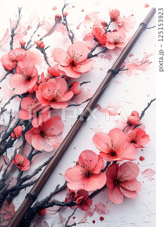 Delicate Pink Flowers on a Light Background with Wooden Accents and Artistic Flair Delicate Pink Flowers on a Light Background with Wooden Accents and Artistic Flair 125153923