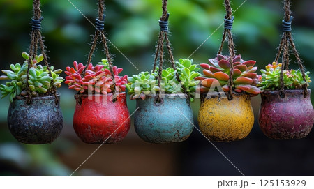 Whimsical Succulents Hanging in Unique Pots for a Peaceful Atmosphere 125153929
