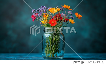 Rustic Wildflower Bouquet with Vibrant Colors in a Glass Jar 125153934