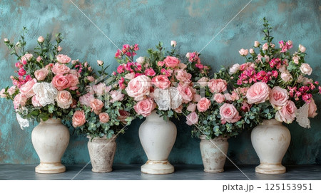 Elegant Vintage Flower Arrangements for Romantic Decor in Soft Pastel Tones 125153951