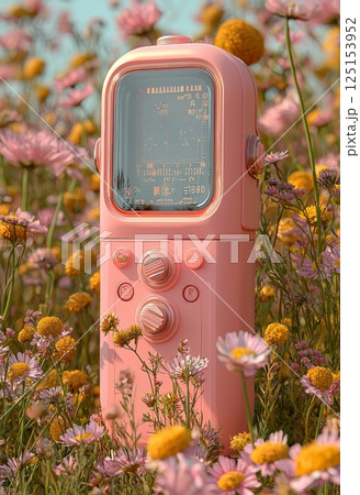 Vintage Rangefinder Camera Surrounded by Delicate Wildflowers in a Peaceful Setting 125153952