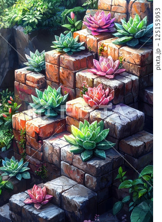 Peaceful Succulent Garden on Tiered Stone Levels with Tiny Colorful Flowers Peaceful Succulent Garden on Tiered Stone Levels with Tiny Colorful Flowers 125153953