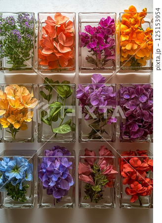 Peaceful Arrangement of Colorful Tiny Flowers in Clear Square Containers 125153954