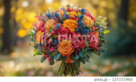 Beautiful Romantic Wedding Bouquet with Roses and Peonies Surrounded by Nature Beautiful Romantic Wedding Bouquet with Roses and Peonies Surrounded by Nature 125153960